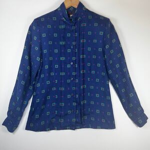 Vintage Allen Solly Blouse Women Petite 4 Blue Rayon Mod Geo Print Made in Japan